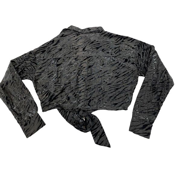 12th Tribe Crop Blouse Womens Medium Black Zebra Print Long Sleeve Tie Front - Picture 2 of 13